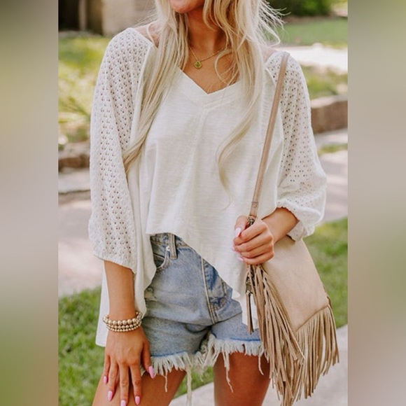 Tops - *NEW* White Crochet Sleeve Boho Top | Sizes S, XL